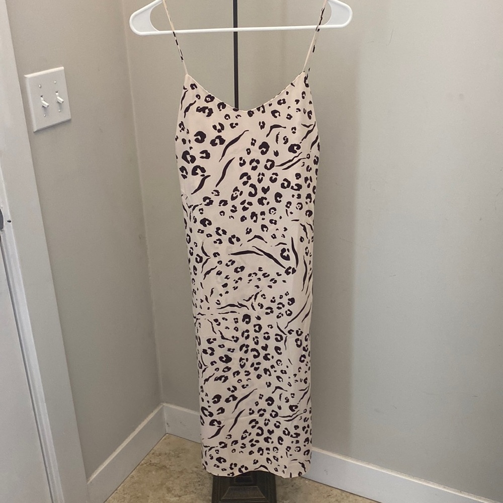 Nine West NWT Cream Cheetah Animal Print Slip Midi Dress Side Zip Womens M